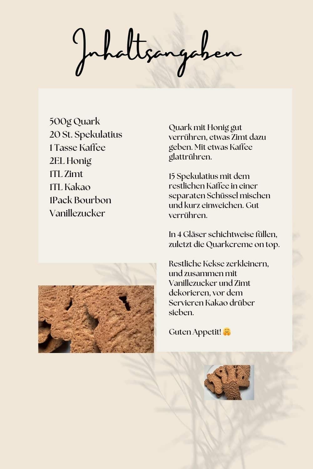 Rezept für Tiramisu aus Quark und Spekulatius, fettärmer und gesünder durch Ersatz des fetten Mascarpone mit Quark, Honig und Kaffee. 